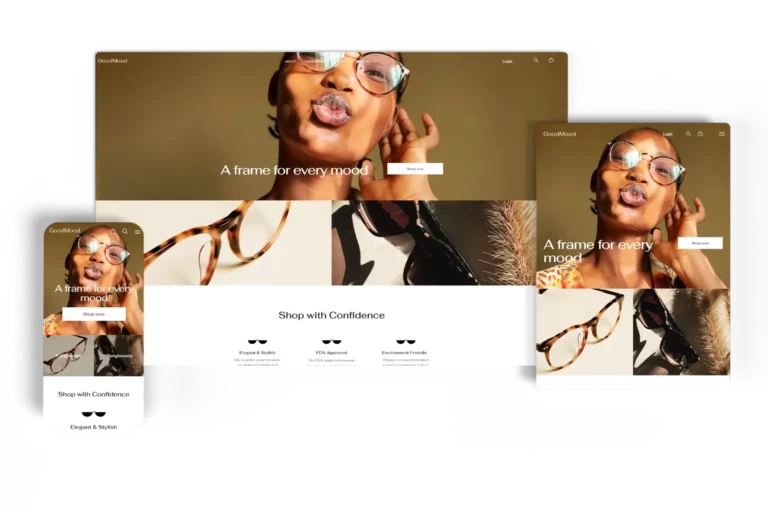 Responsive eyewear eCommerce website for GoodMood displayed on desktop, tablet, and mobile devices, featuring stylish images of glasses with the tagline 'A frame for every mood