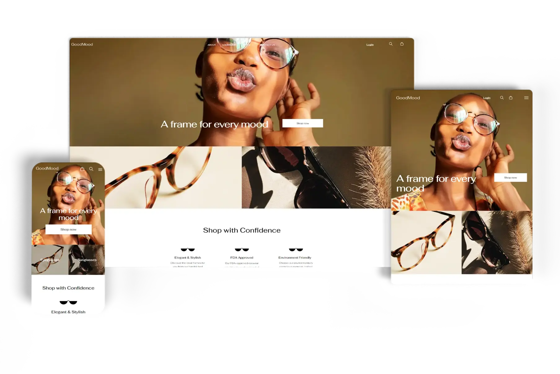 Responsive eyewear eCommerce website for GoodMood displayed on desktop, tablet, and mobile devices, featuring stylish images of glasses with the tagline 'A frame for every mood