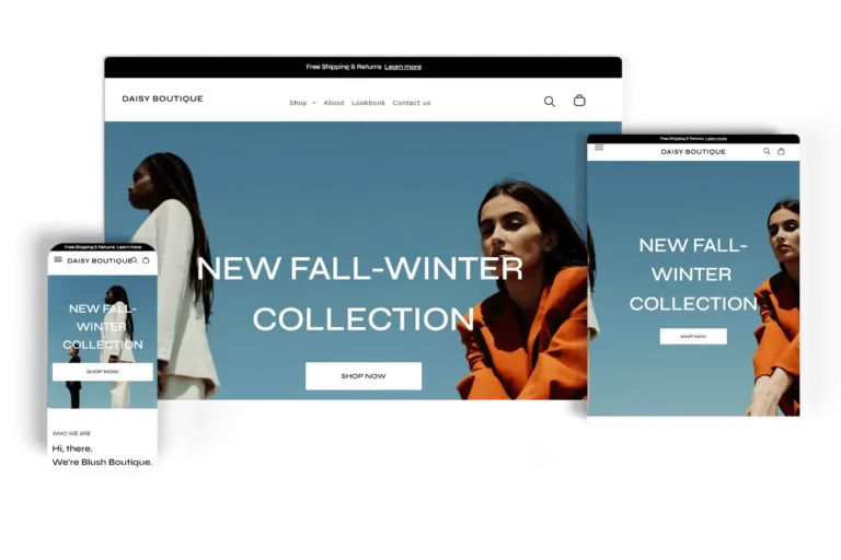 Responsive fashion eCommerce website for Daisy Boutique displayed on desktop, tablet, and mobile devices, featuring a new Fall-Winter collection with models in stylish outfits