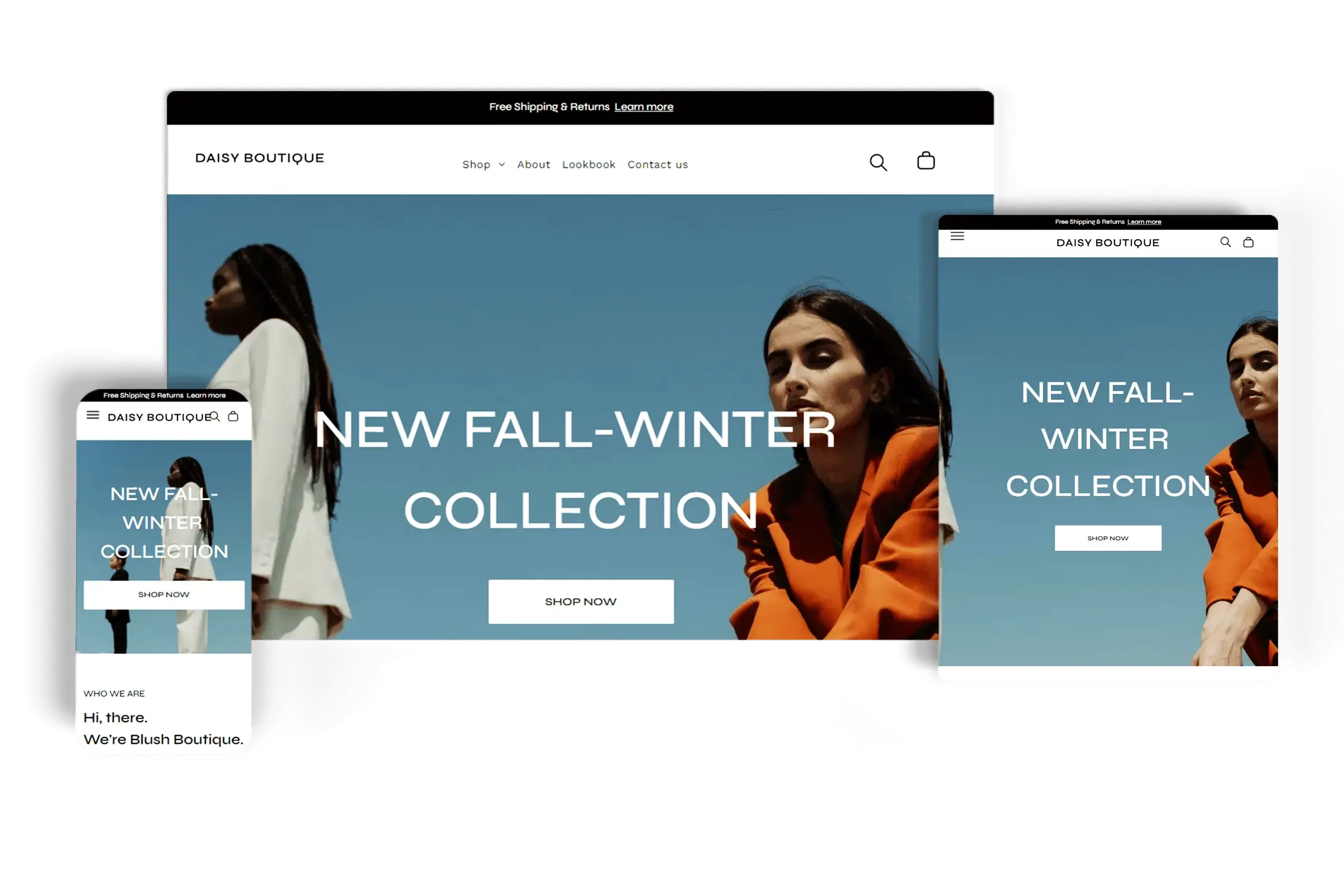 Responsive fashion eCommerce website for Daisy Boutique displayed on desktop, tablet, and mobile devices, featuring a new Fall-Winter collection with models in stylish outfits