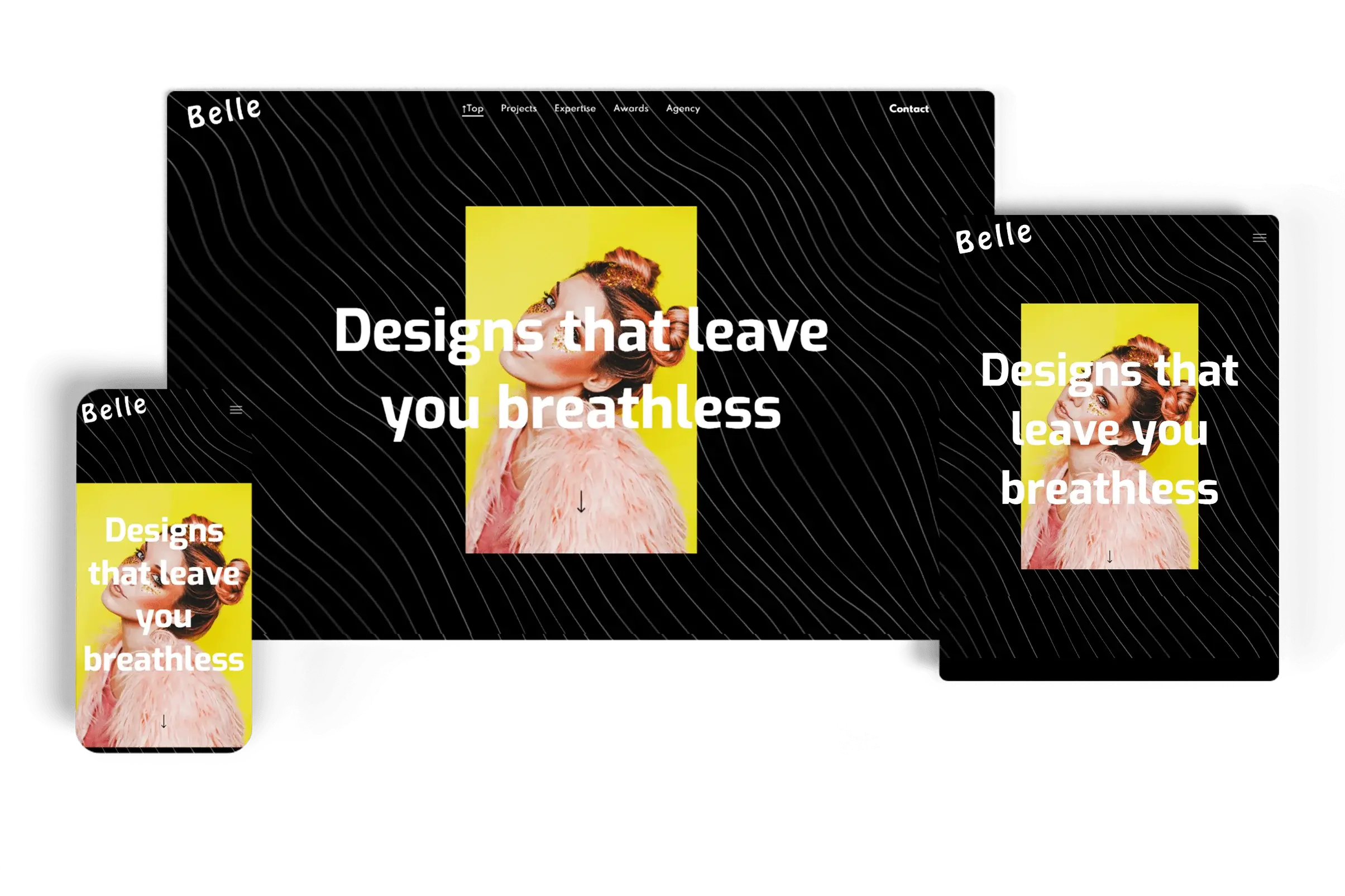 Responsive website for Belle Creative Agency displayed on desktop, tablet, and mobile devices, featuring bold graphics and the tagline 'Designs that leave you breathless' with a vibrant, high-contrast design