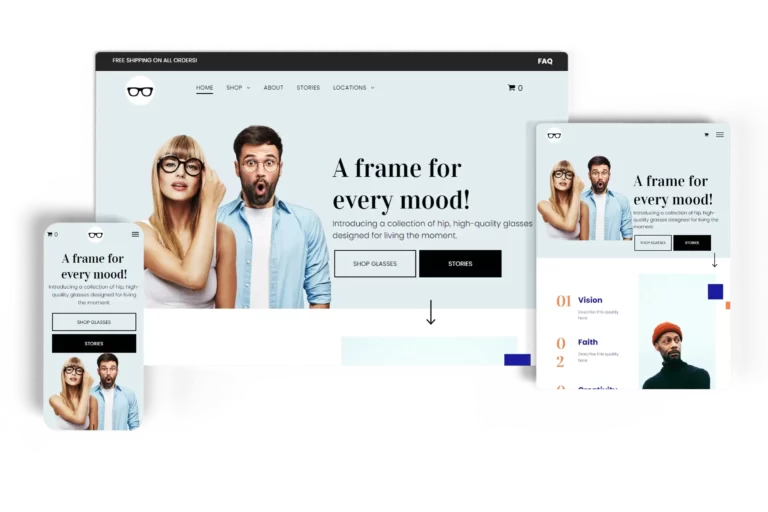 Responsive eCommerce website for an eyewear store displayed on desktop, tablet, and mobile devices, showcasing a diverse range of glasses with a modern, user-friendly interface