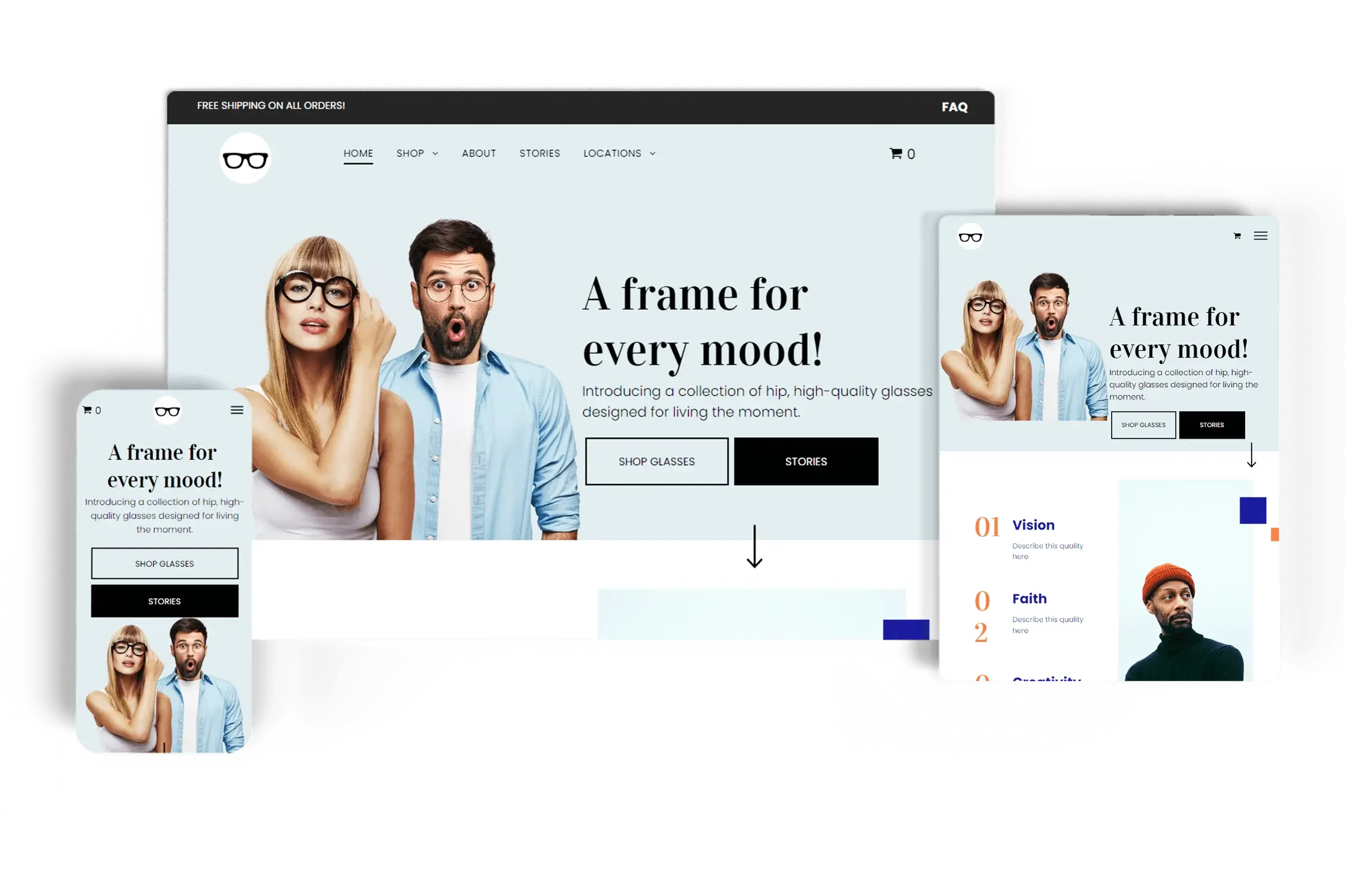 Responsive eCommerce website for an eyewear store displayed on desktop, tablet, and mobile devices, showcasing a diverse range of glasses with a modern, user-friendly interface