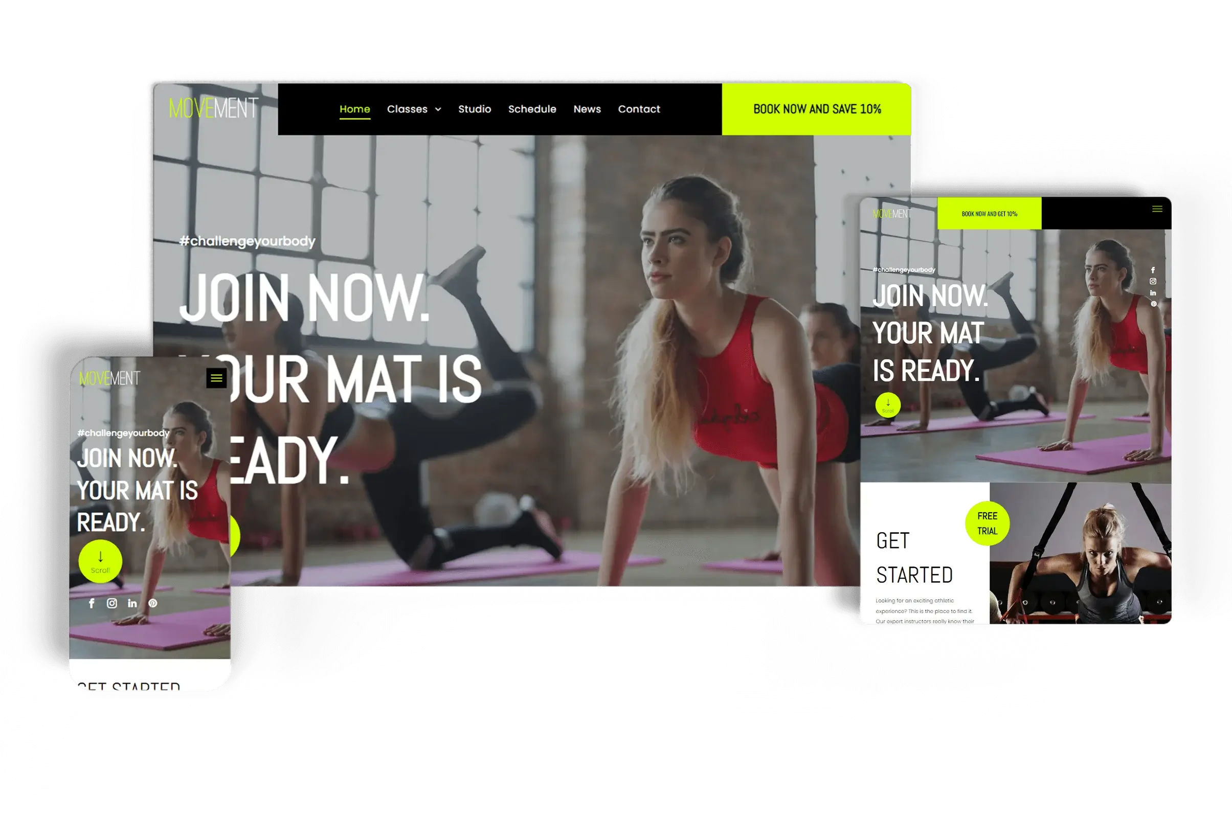 Responsive fitness studio website for Movement displayed on desktop, tablet, and mobile devices, featuring high-energy visuals with a call-to-action 'Join Now. Your Mat Is Ready