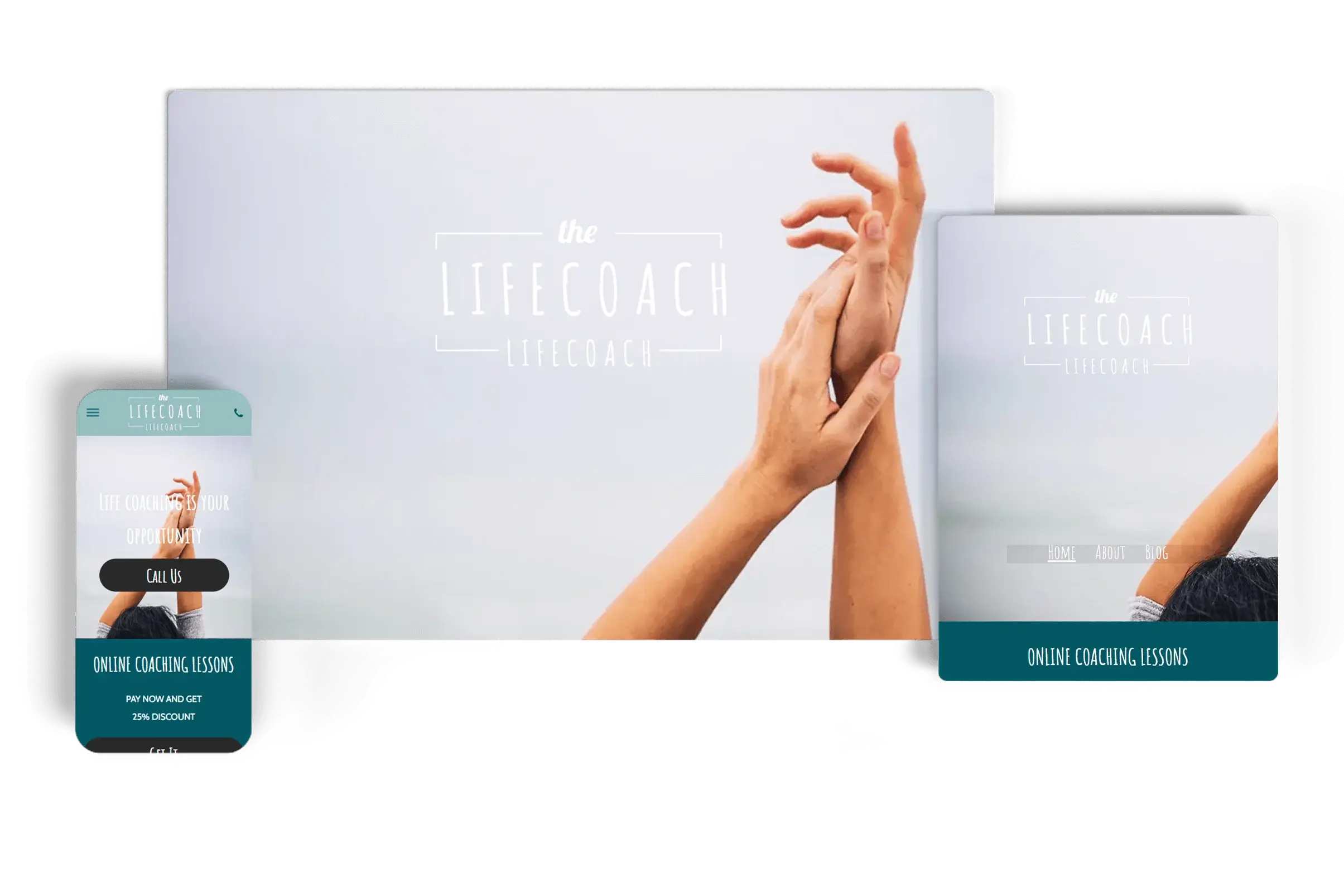 Responsive life coaching website for The Life Coach displayed on desktop, tablet, and mobile devices, featuring a calm and minimalist design with an emphasis on hands in a supportive gesture