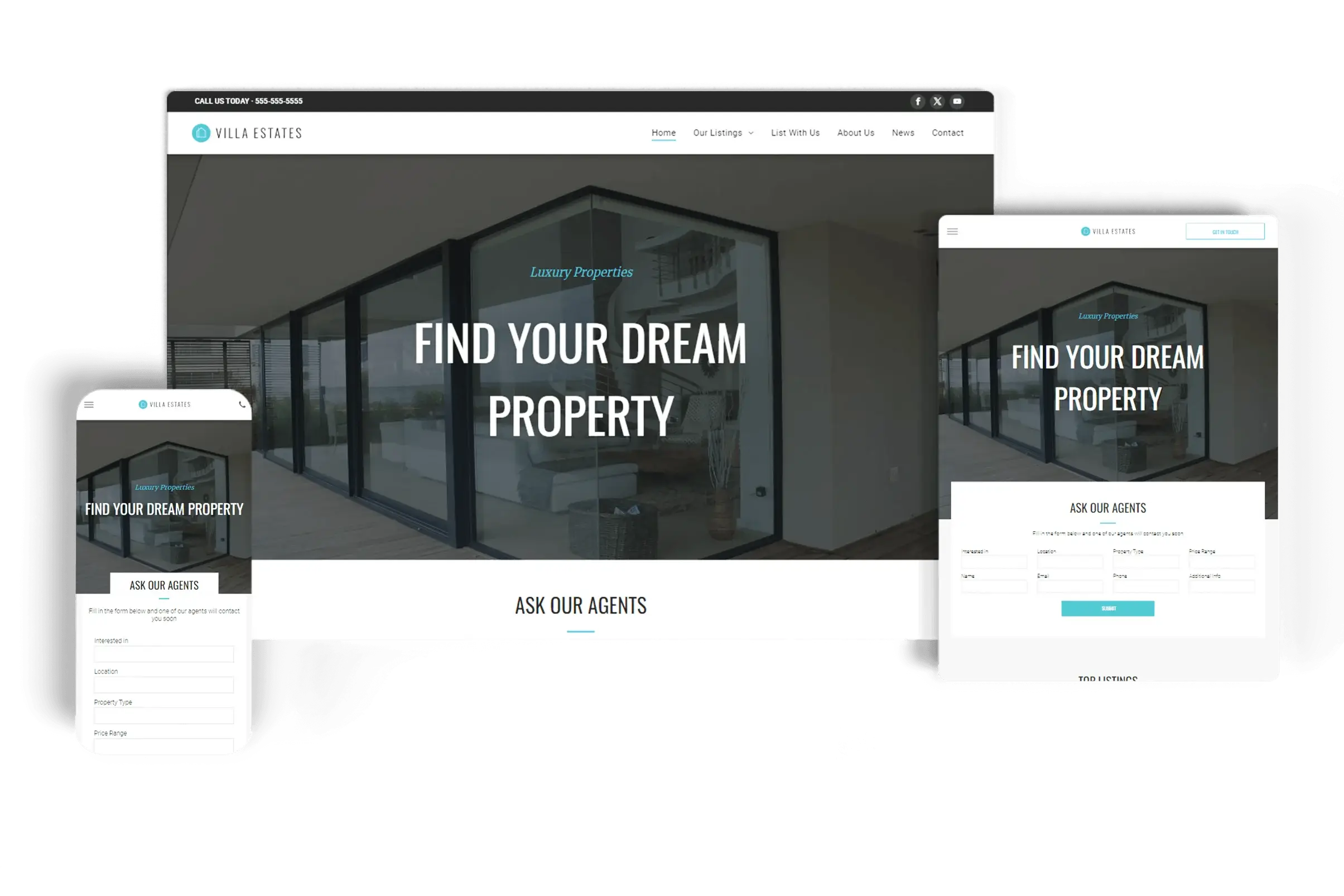 Responsive real estate website for Villa Estates displayed on desktop, tablet, and mobile devices, featuring luxury property listings with a call-to-action to find your dream property