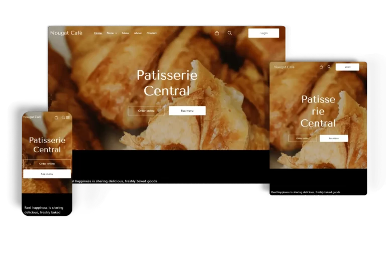 Responsive patisserie website for Nougat Café displayed on desktop, tablet, and mobile devices, featuring close-up imagery of baked goods with options to order online or view the menu