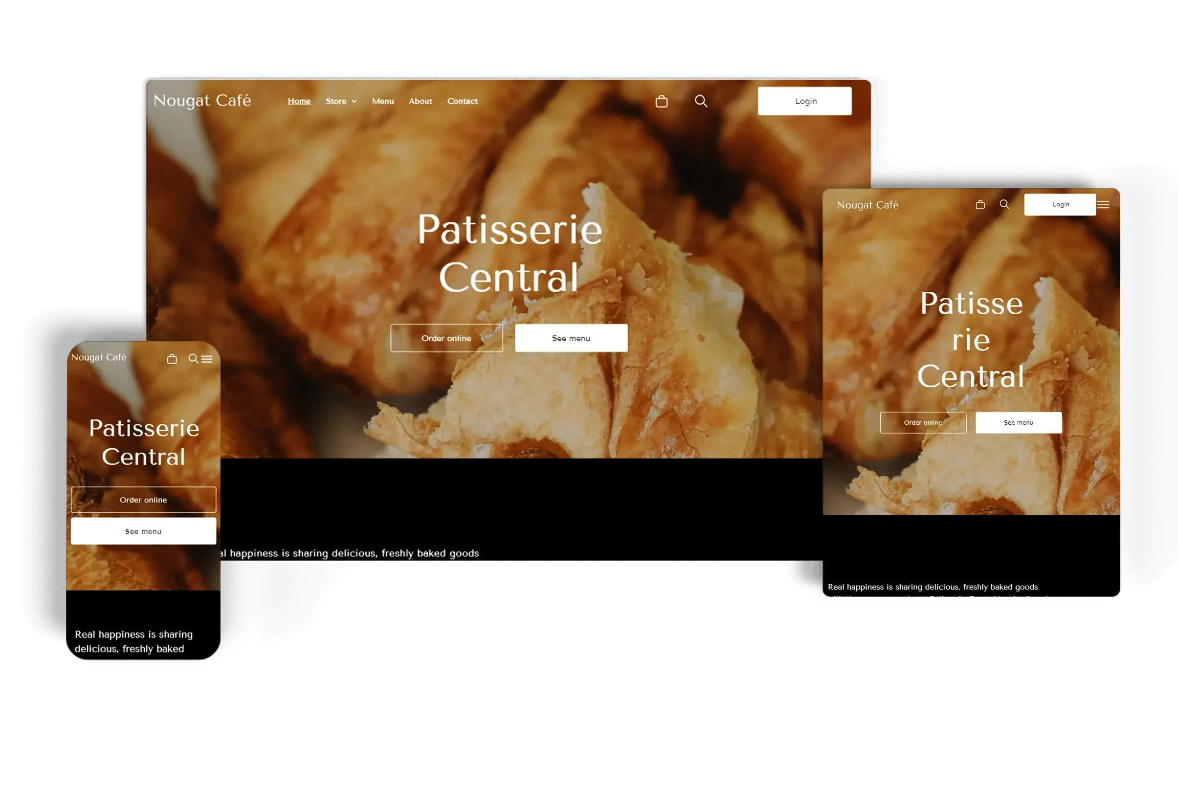 Responsive patisserie website for Nougat Café displayed on desktop, tablet, and mobile devices, featuring close-up imagery of baked goods with options to order online or view the menu