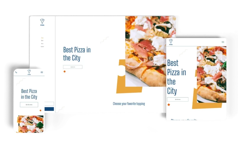 Responsive pizzeria website showcasing the best pizza in the city with vibrant images of pizza and a minimalist, user-friendly layout displayed on desktop, tablet, and mobile devices