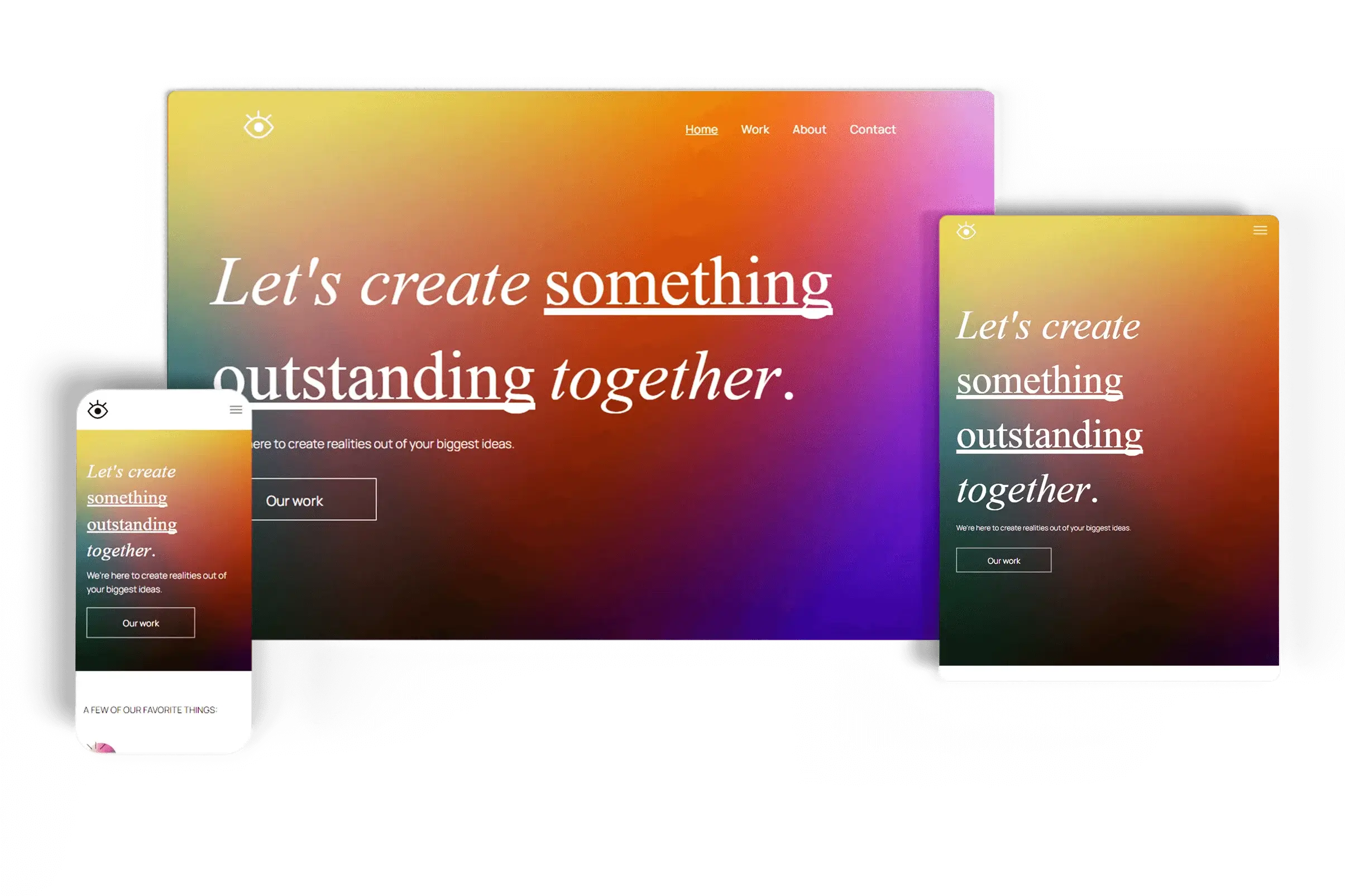 Responsive portfolio website with a vibrant gradient design, displayed on desktop, tablet, and mobile devices, featuring bold typography with the message 'Let's create something outstanding together'