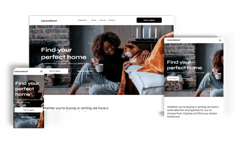 Responsive real estate agency website for Haus Group displayed on desktop, tablet, and mobile devices, featuring a cozy home scene with a call-to-action to find your perfect home