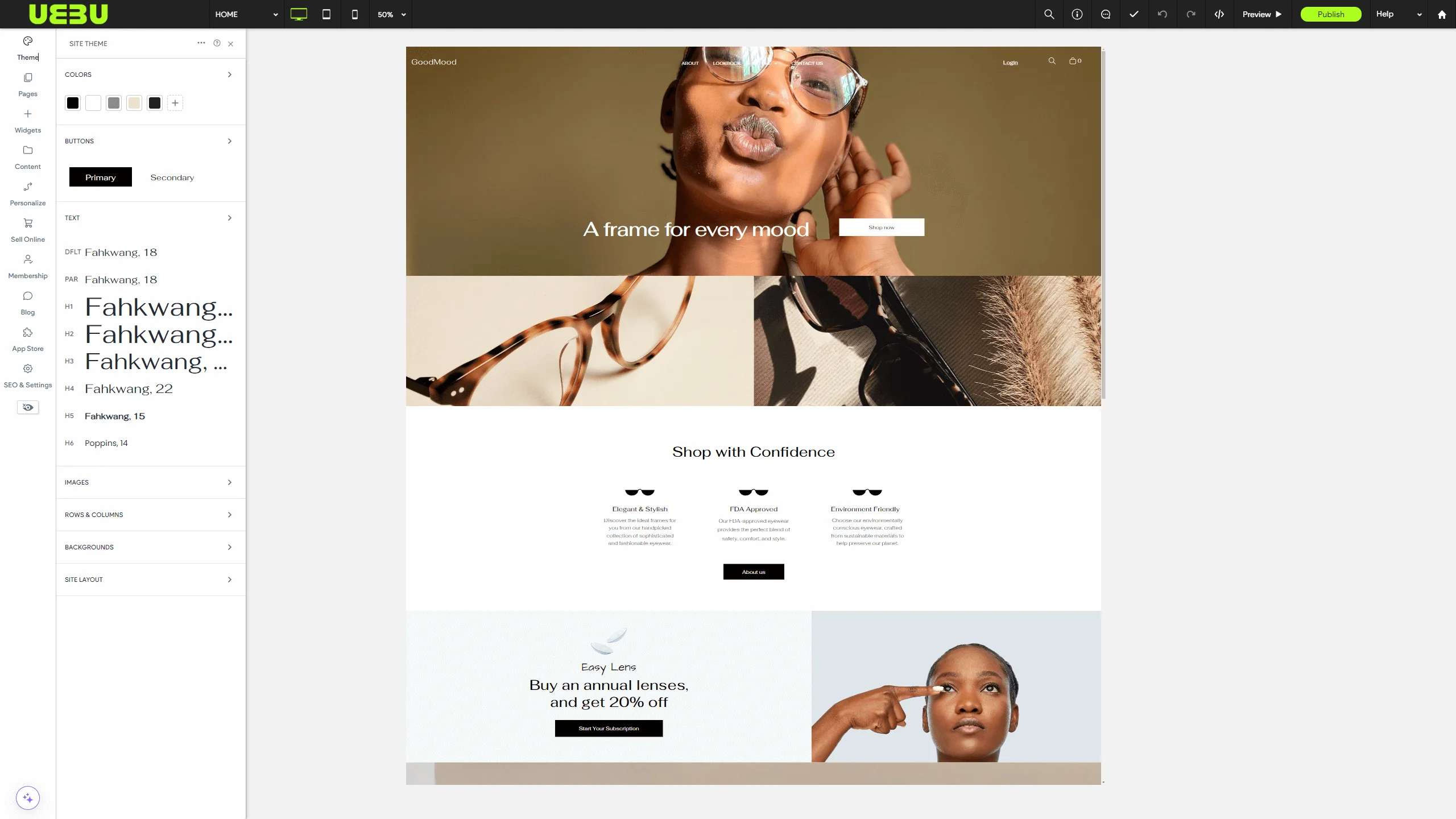 Webpage showcasing an eyewear store with a featured image of a smiling woman in glasses, highlighted features like 'Shop with Confidence,' and a subscription offer for annual lenses.