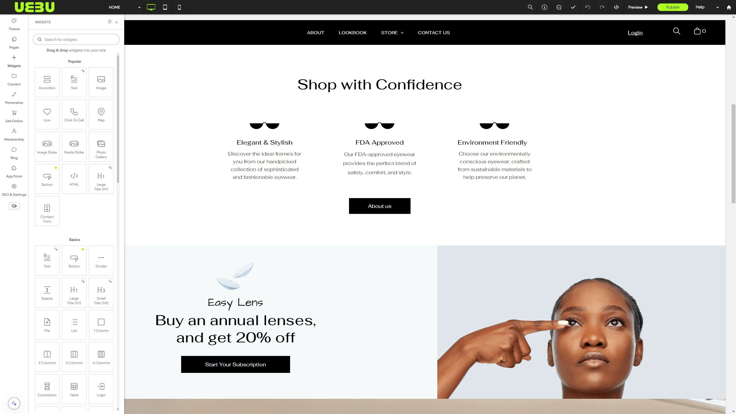 Website design interface with widgets panel open on the left, and a page preview showing features like 'Shop with Confidence' and a subscription offer for lenses.