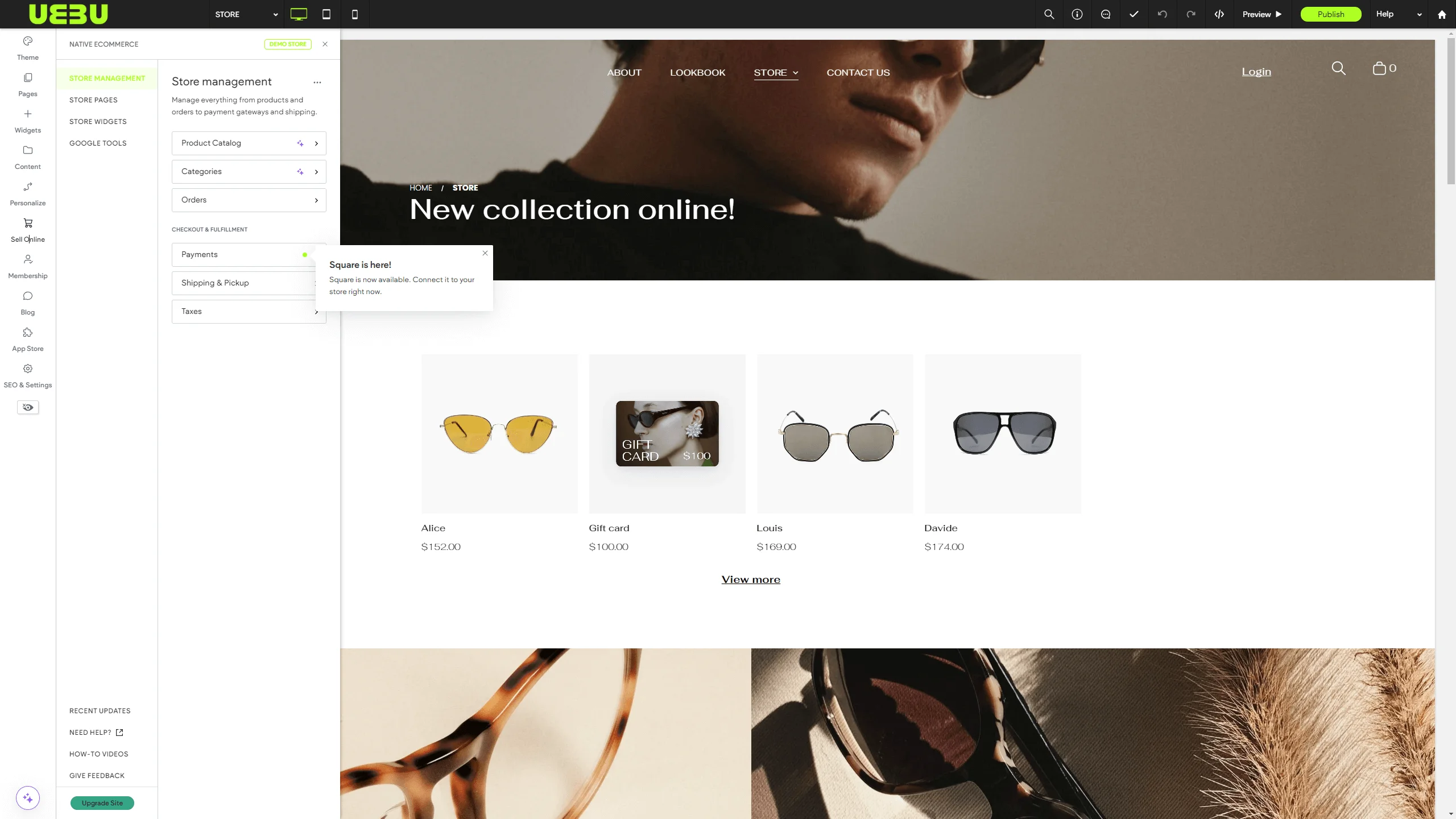 Webpage showing new eyewear collection with various sunglass models, a section to manage store settings on the left, and a promotional banner for Square integration.