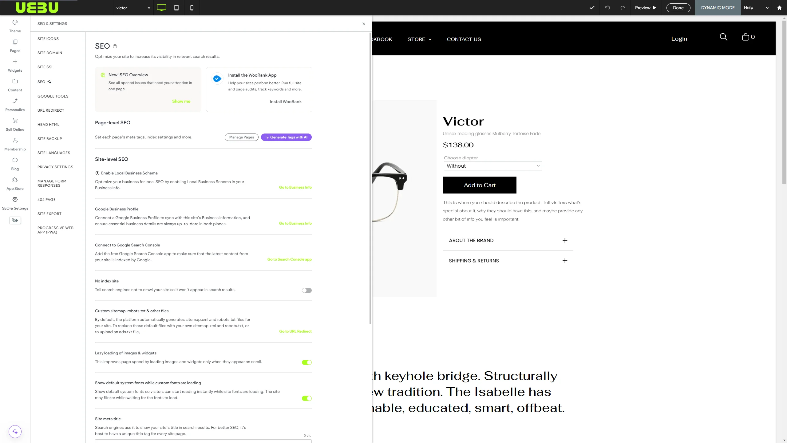 SEO settings panel for a website with options for page and site-level SEO, local business schema, and other optimizations, alongside a product page for 'Victor' glasses.