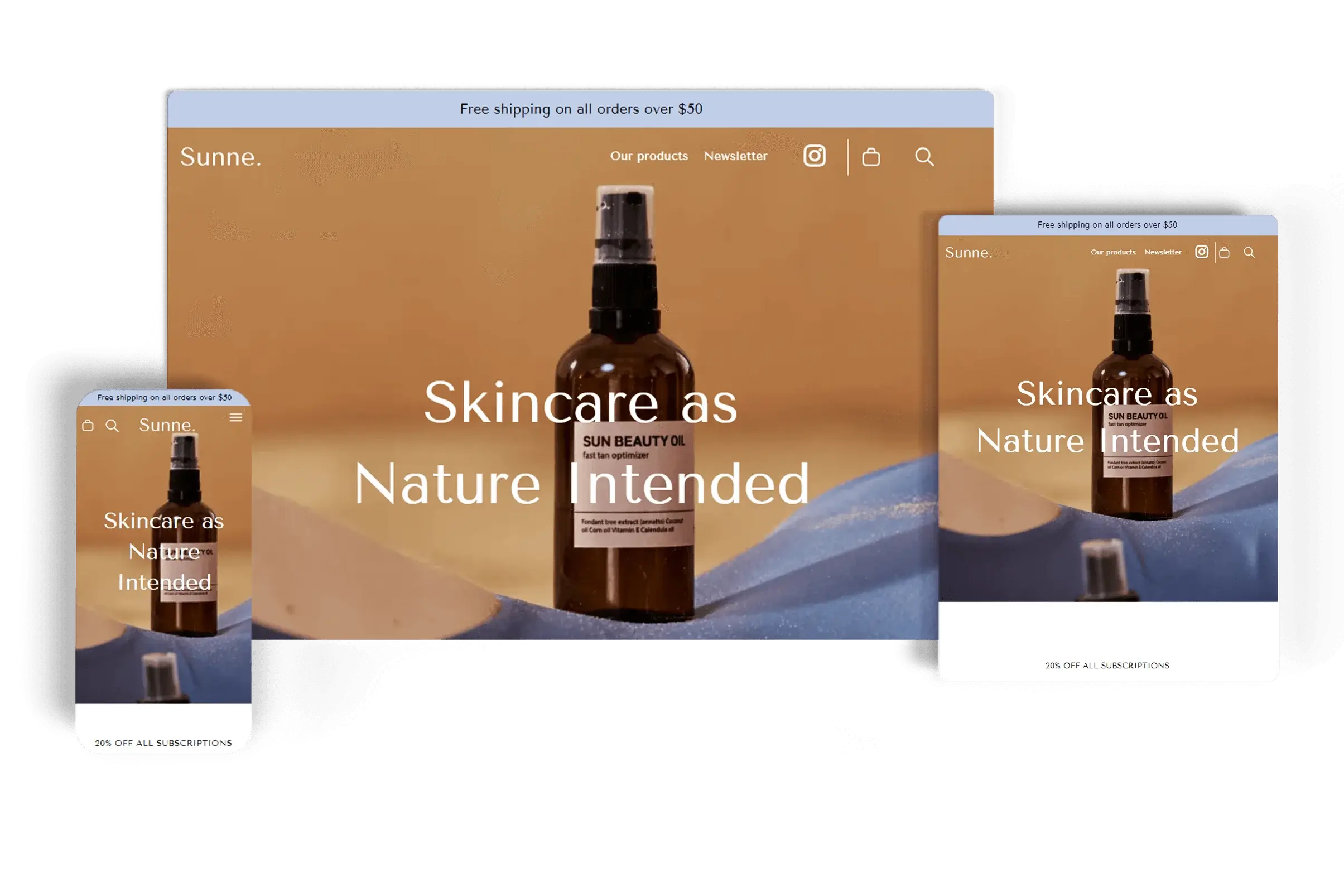 Responsive skincare eCommerce website for Sunne displayed on desktop, tablet, and mobile devices, showcasing Sun Beauty Oil with a focus on natural skincare products