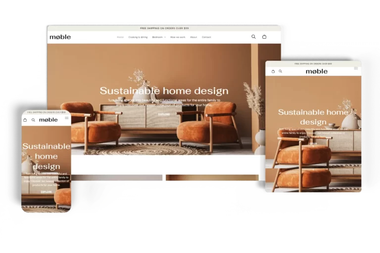 Responsive eCommerce website for Moble, a sustainable home design store, displayed on desktop, tablet, and mobile devices, showcasing warm, minimalist interiors with eco-friendly furniture