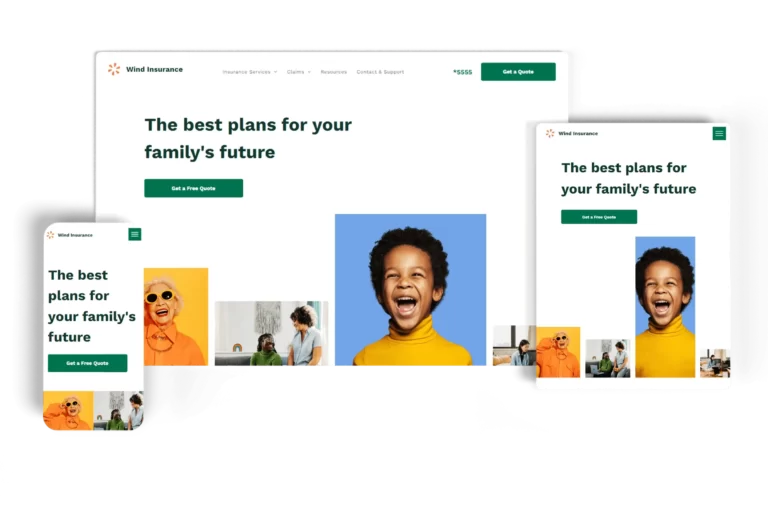 Responsive insurance company website for Wind Insurance displayed on desktop, tablet, and mobile devices, featuring vibrant images and a call-to-action to get a free quote for family insurance plans