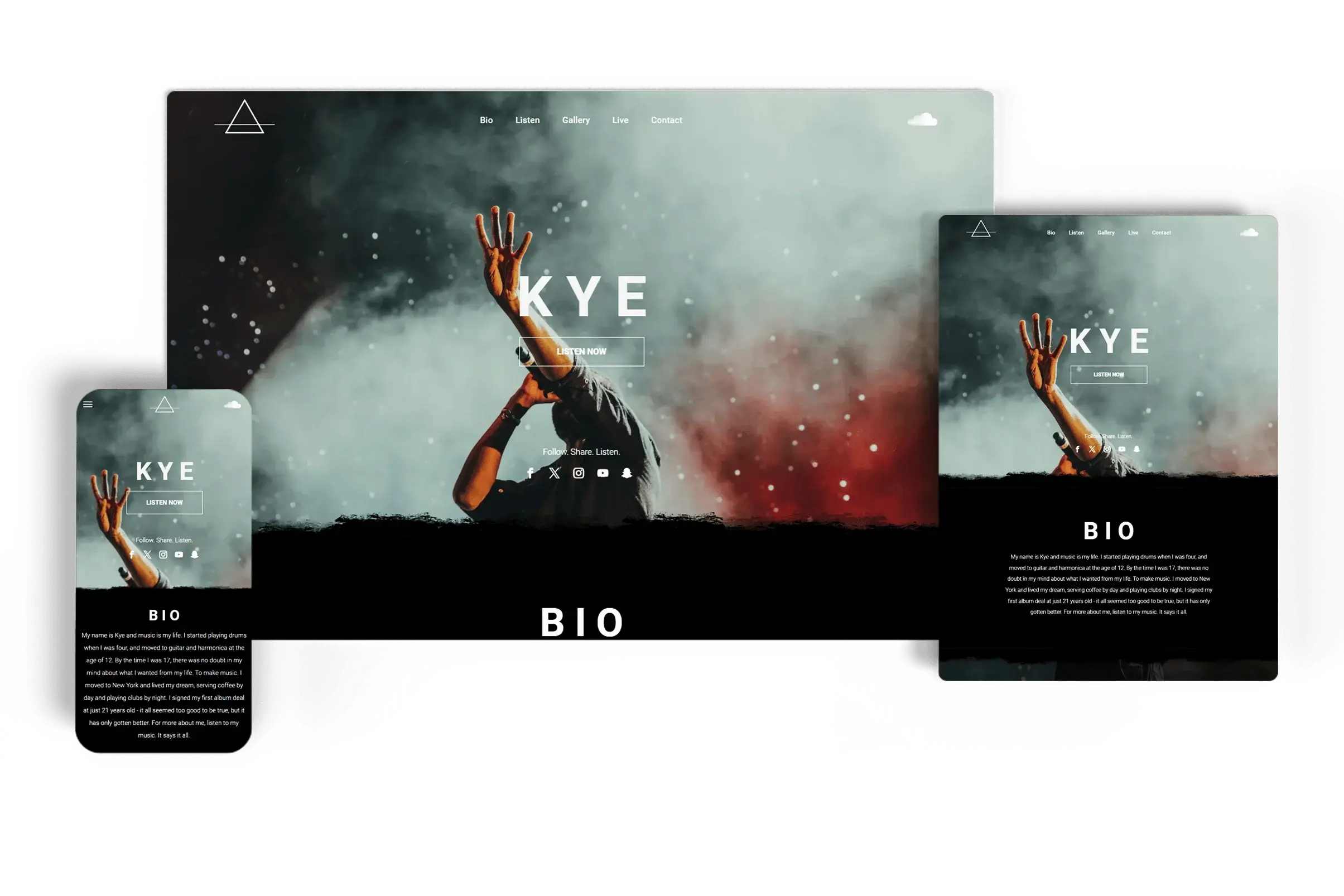 Responsive music artist website on desktop, tablet, and mobile devices, featuring a dramatic concert scene with a call-to-action to listen now and explore the artist's bio and media gallery