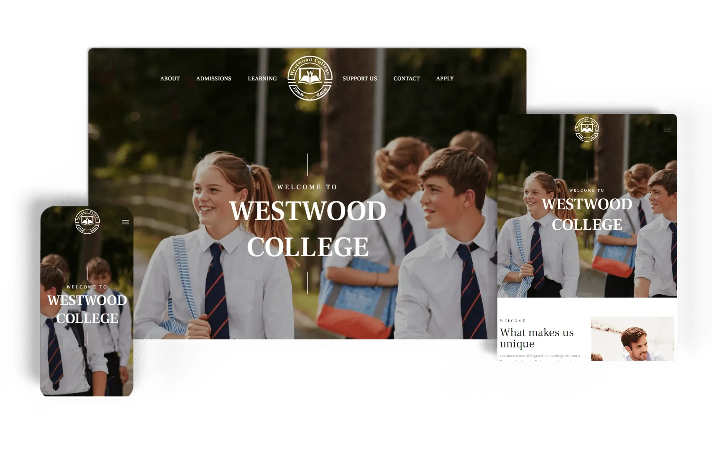 Responsive website for Westwood College displayed on desktop, tablet, and mobile devices, featuring students in uniforms, reflecting a welcoming and professional academic environment