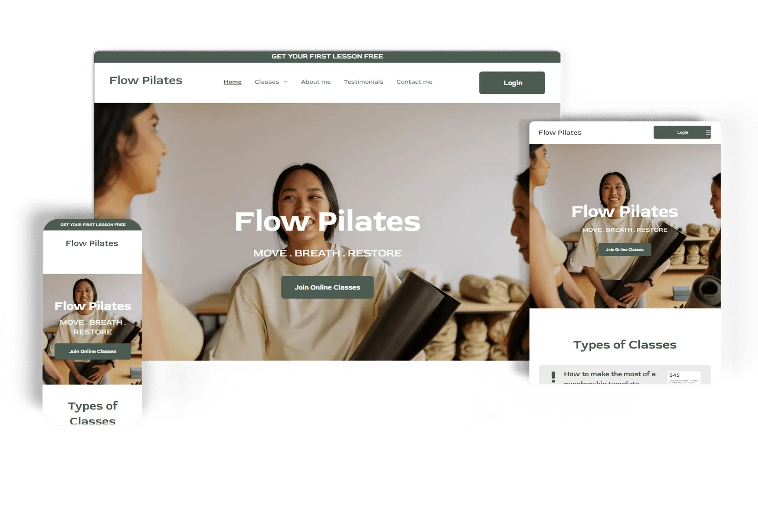 Responsive Pilates studio website displayed on desktop, tablet, and mobile devices, featuring a welcoming image of a Pilates class with a call-to-action for joining online classes