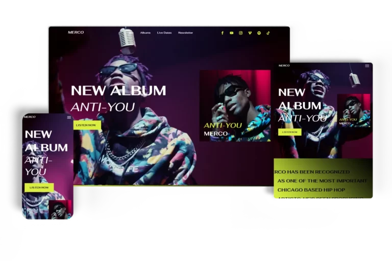 Responsive music artist website for Merco displayed on desktop, tablet, and mobile devices, featuring bold visuals promoting the new album 'Anti-You' with a call-to-action to listen now