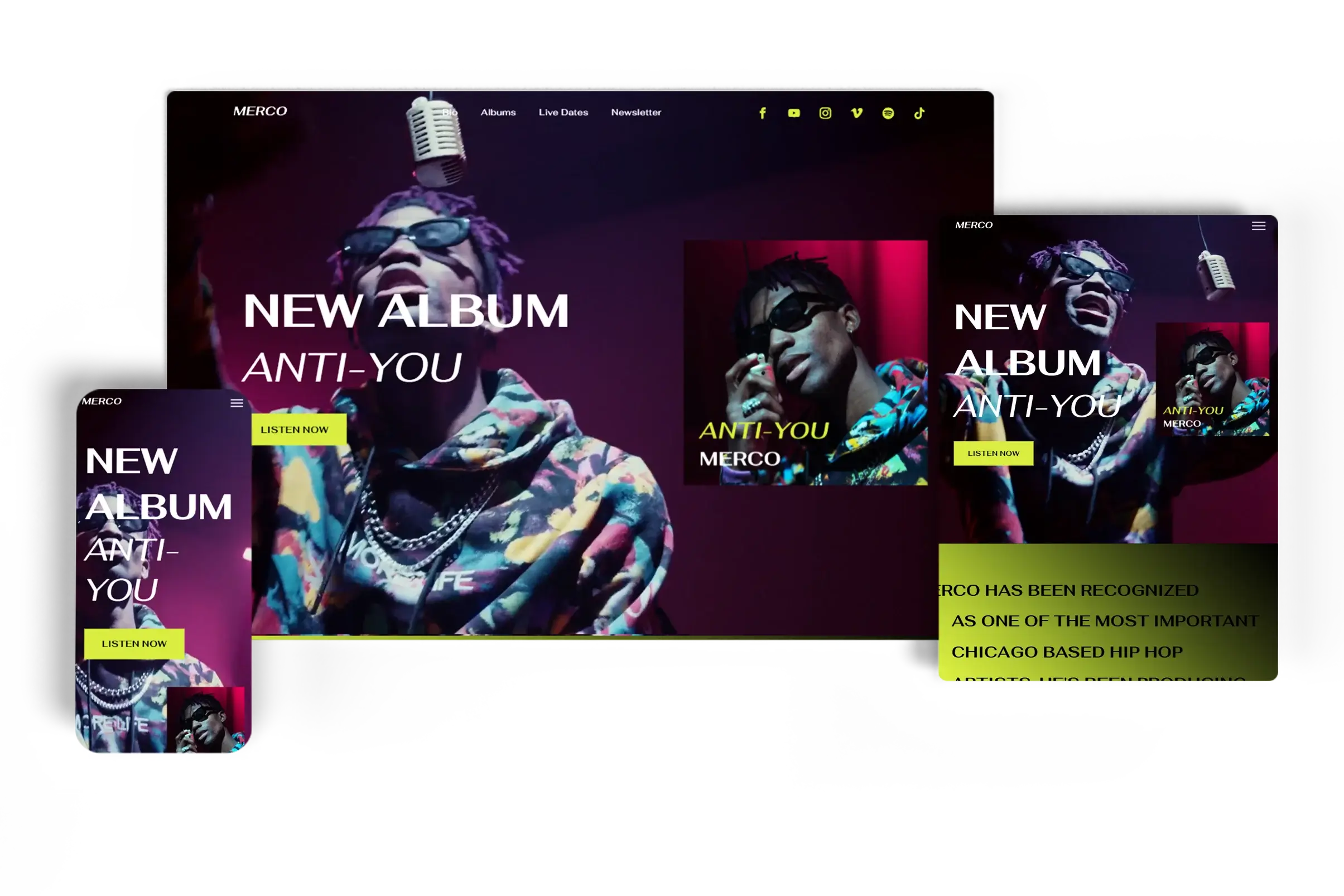 Responsive music artist website for Merco displayed on desktop, tablet, and mobile devices, featuring bold visuals promoting the new album 'Anti-You' with a call-to-action to listen now