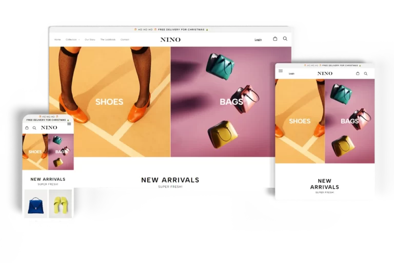 Responsive fashion eCommerce website for Nino displayed on desktop, tablet, and mobile devices, featuring colorful visuals of shoes and bags with a clean and minimalist design