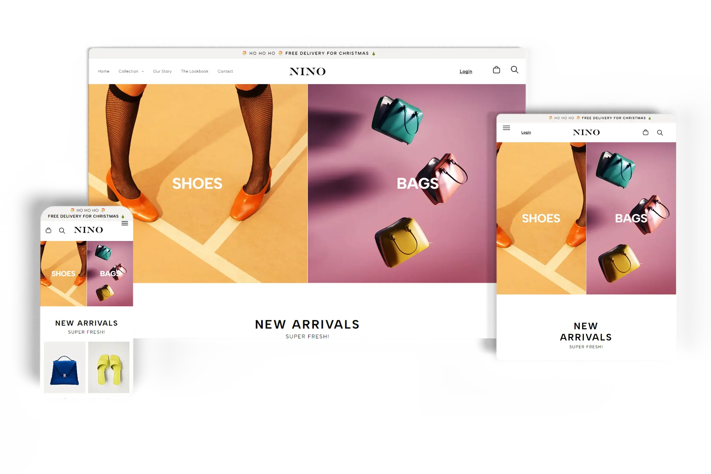 Responsive fashion eCommerce website for Nino displayed on desktop, tablet, and mobile devices, featuring colorful visuals of shoes and bags with a clean and minimalist design