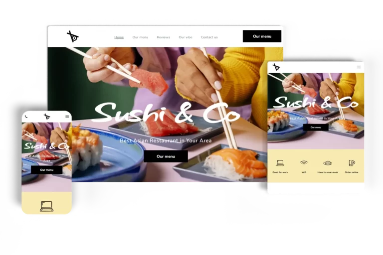 Responsive sushi bar website for Sushi & Co displayed on desktop, tablet, and mobile devices, featuring colorful sushi dishes with easy navigation and a call-to-action to view the menu