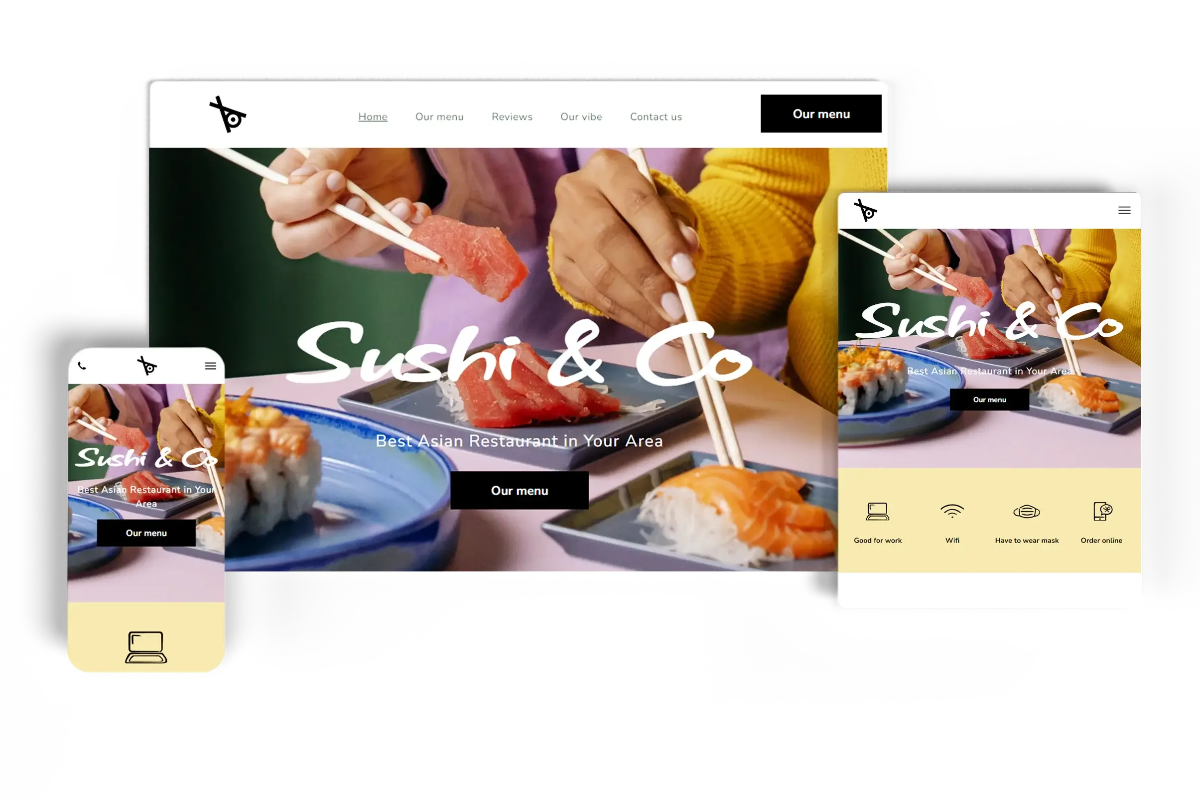 Responsive sushi bar website for Sushi & Co displayed on desktop, tablet, and mobile devices, featuring colorful sushi dishes with easy navigation and a call-to-action to view the menu