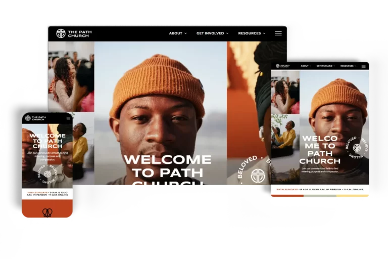 Responsive church website for The Path Church displayed on desktop, tablet, and mobile devices, featuring diverse community imagery and a welcoming message to join the faith community