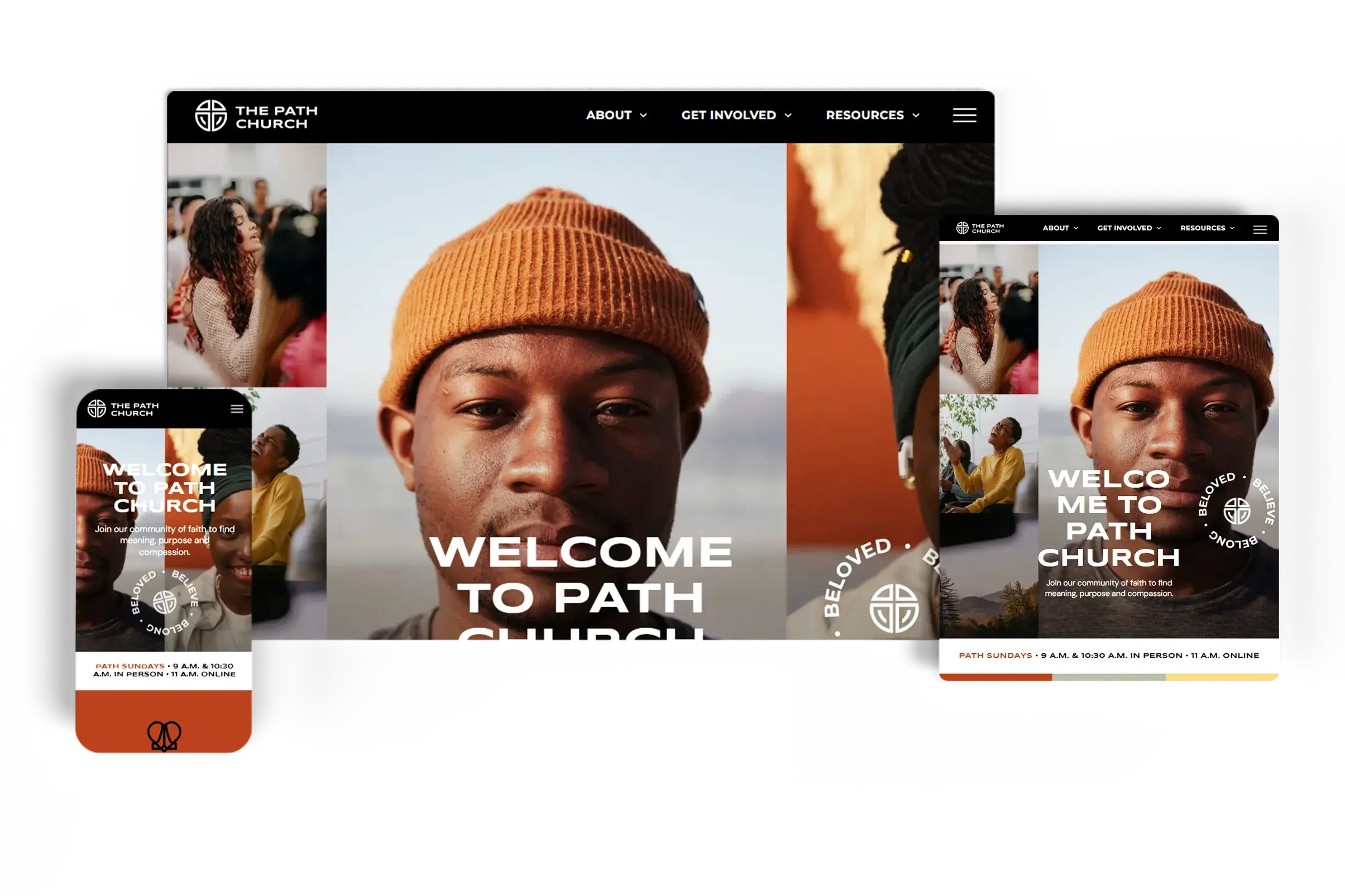 Responsive church website for The Path Church displayed on desktop, tablet, and mobile devices, featuring diverse community imagery and a welcoming message to join the faith community