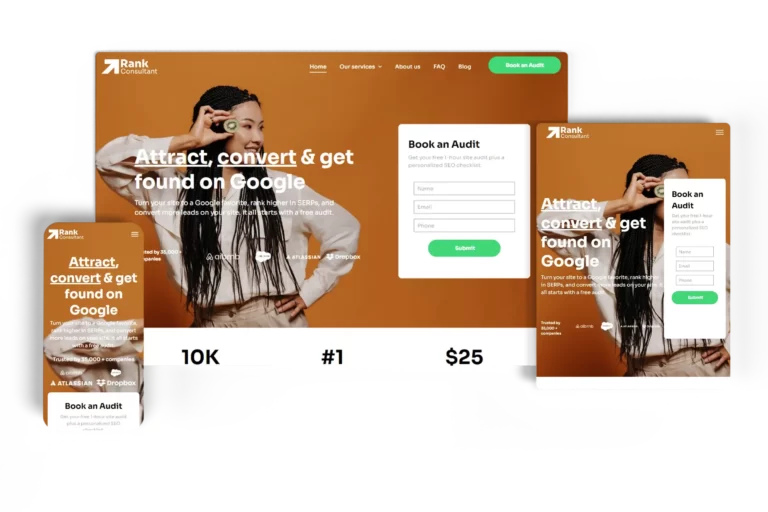 Responsive SEO consultant landing page for Rank Consultant displayed on desktop, tablet, and mobile devices, highlighting services to attract, convert, and get found on Google with a form to book an audit