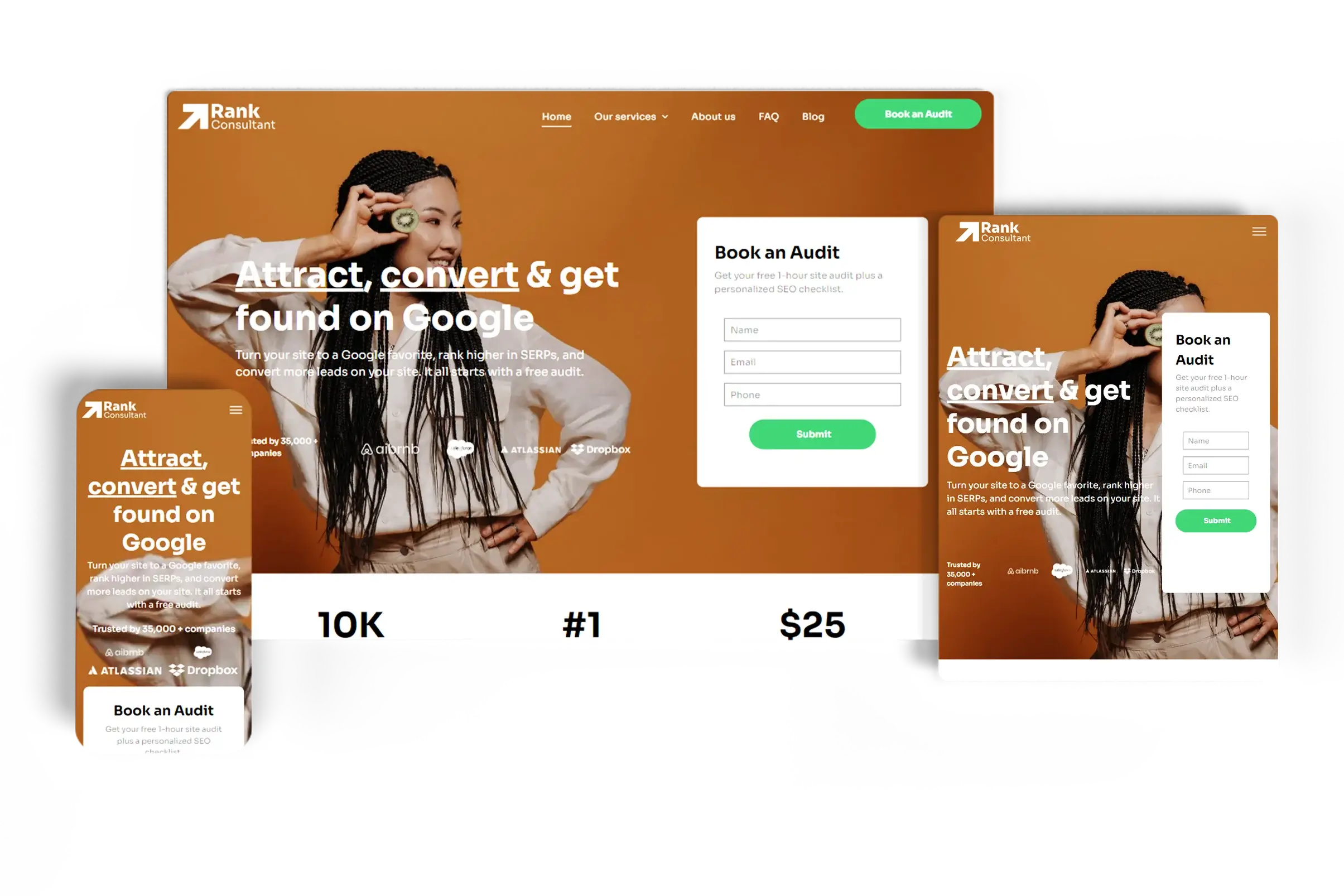 Responsive SEO consultant landing page for Rank Consultant displayed on desktop, tablet, and mobile devices, highlighting services to attract, convert, and get found on Google with a form to book an audit